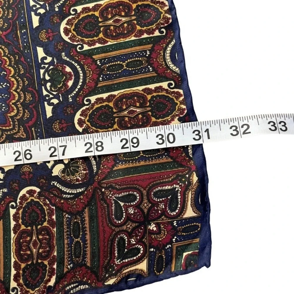 Basha Silk Scarf Navy Blue Burgundy Paisley Medallion Square Hand Rolled 31x30